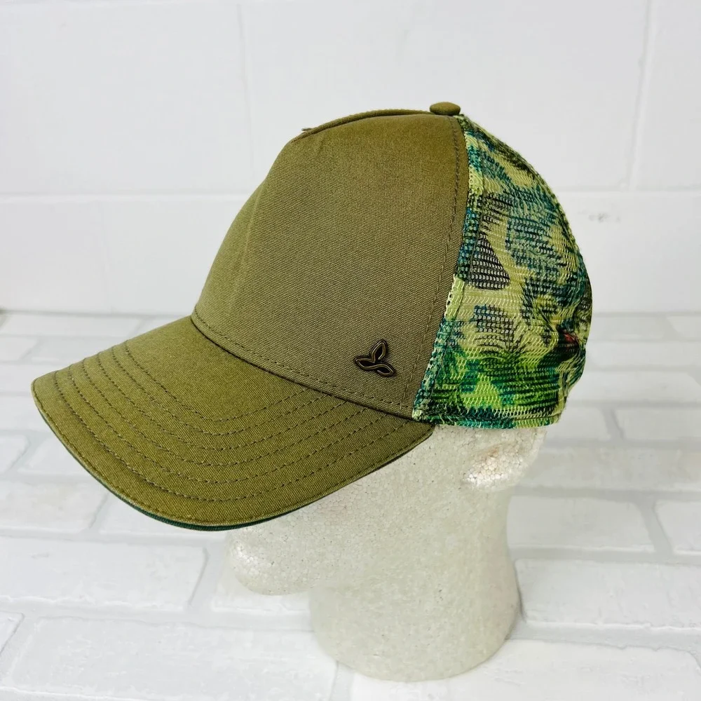 Prana Women Olive Green Tropical Mesh Trucker Hat Snapback Organic Cotton Blend